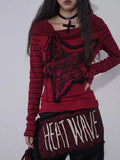 Girlary Gothic Off Shoulder Women T-shirts Red Harajuku Striped Japanese Y2k AestheticLong Sleeve Tops Vintage Goth Sexy Tshirts