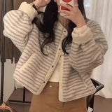 Girlary 2024 Korean Chic Lamb Wool Coats Women Winter New Two Color Striped Fluffy Warm Coat High Street Sweet Girl Loose Casual Jackets