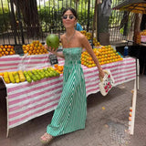 Girlary Green Striped Strapless Dress Women Elegant Casual Loose Long Beach Holiday Dresses Summer Fashion Folds Bohemia Outfits 2024