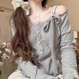 Girlary party look snspos Fashion Sweet Off Shoulder Bow Lace Up Sweaters New Slim Fit Pink Tops Women Y2k Grunge Long Sleeve Cardigan Mujer