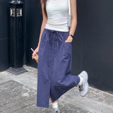 Girlary Cargo Skirt Vintage Solid Fashion Casual Streetwear Midi Skirts Harajuku Y2k Retro All-match Summer A-line Slit Skirt