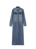 Girlary Spring and Autumn Long Midi Blue  Denim Dress Spring and Autumn Women's Wear Classic Simple Dress Fashion Casual Long Dress