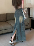 Girlary High Street Jeanswear Maxi Skirts Women Autumn Split Chic Office Lady Denim A-Line Office Lady Slim New Daily