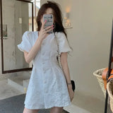 Girlary Chic Women Floral Dress Short Sleeve Single-breasted Korean Fashion Summer New A-Line Elegant Dresses Vestidos