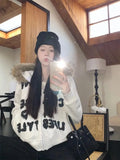 Girlary cute winter outfits Korean High Street Retro Letters And Fluffy Collar Gray Cardigan Women's Y2K New Harajuku Goth Slim Casual Joker Zipper Hoodie