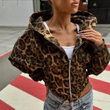 Girlary Y2k Leopard Print Hoodies Women Vintage Streetwear Irregular Slim Sexy Cheetah Print Zipper Hooded Sweatshirt Autumn