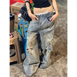 Girlary High Waist Ripped Women's Blue Jeans Hip-hop Style Fashion Vintage Streetwear Y2K Wide Leg Jean 2000s Trouser Baggy Denim Pants