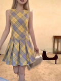 Girlary Streetwear Yellow Palid A-Line Dress Design Sleeveless Fairy Dress Vintage Classical Plaid Prom Gown Fashion Office Lady