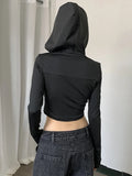 Girlary Gotrh Dark Techwear Fashion Cyber Gothic T-shirts Grunge Hooded Bodycon Zip Up Blouses Y2k Punk Black Streetwear Crop Tops Women