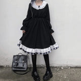 Girlary Japanese Kawaii Black Women Dress Spring Summer V-Neck High Waist Slimming Sweet Lolita Dresses Kawaii Ladies Dresses Vestidos