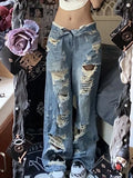 Girlary Woman Ripped Jeans Denim Baggy Low Waist Straight Leg Tie-dyed Wash Zipper Ripped Hole Casual Design Hot Tide High Street