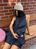 Girlary Casual Denim Vest Dress Women Korean Chic O Neck Lace Up Sleeveless Loose A-line Short Dresses Summer Fashion Vestidos