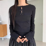 Girlary Bow Hollowed Out Sweet T-shirt Summer Slimming Long Sleeved T-shirt Women Blouses Korean Spicy Girl Bottoms Y2k Korean Tops