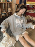 Girlary Bow Knot Splicing Lace Hoodie Coat Women Clothing Autumn New Loose Casual Long Sleeve Gray Zipper Cardigan Hoodies Women Tops