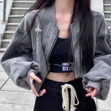 Girlary Y2k Grunge Cross Crop Grey Denim Jackets Women Hippie Streetwear 90s Oversize Zip Jackets Harajuku Kpop Coat Female