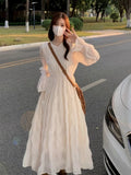 Girlary Spring and Autumn New Women's White Beach Dress Waist Pleated Holiday Long Sleeve Chiffon Dress