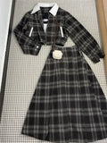 Girlary Autumn Winter Preppy Style Retro 2-piece Set Women France Elegant Plaid Lapel Short Coat Female + Design High Waist Long Skirt