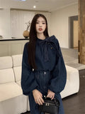 Girlary Denim Shirts Women Bow Bandage Puff Long Sleeve O Neck Button Vintage Fashion Ladies Blouse Elegant Tops Casual