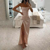 Girlary Maxi Dress Women Stylish Elegant Solid Satin Suspender Sleeveless Pleated Irregular Slit Nipped Waist Slim Party Dress