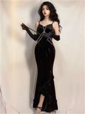 Girlary Winter French Vintage Velvet Long Dress Women Elegant Slim Spaghetti Strap Folds Dress Sexy Casual Evening Party Y2k Dress