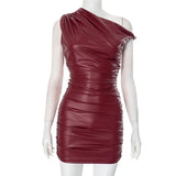 Girlary Spring PU Leather Bodycon Mini Dress for Women Sexy One Shoulder Sleeveless  Party Dresses Fashion Solid Ruched Dress 2025