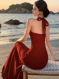 Girlary Sexy Red Halter Womens Dresses Elegant Backless V-Neck Bodycon Wedding Evening Party Long Dress Summer Spring Slim Vestidos New