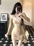 Girlary Autumn Elegant Slim Knitting Lace Dress Women Sexy Bodycon Y2k Mini Dress Casual Short Party Korean Fashion Dress Design