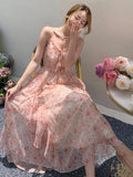 Girlary Summer Pink Floral Ruffle Dress Women French Seaside Holiday Sleeveless Strapless Woman Long Dresses New