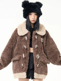 Girlary Contrast Color Streetwear Fashion Fluffy Warm Jackets Y2k Aesthetic All Match Horn Button Tops Casual Grunge Loose Coats Women