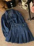 Girlary Vintage Suits Retro Denim 2 Piece Set Female French Slim Bow Design Long Sleeve Blouse + Casual Y2k Jean Skirt Korean Style 2024