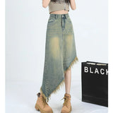 Girlary Raw Edge Women Midi Denim Skirt Spring Summer Korean Streetwear Fashion Irregular Distressed Straight A-line Skirt Shorts