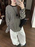 Girlary New Korean Style Fashionable Casual Loose Lazy Striped T-shirt Round Neck Striped Early Autumn Top for Women Clothes