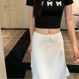 Girlary Elegant White Women Satin Skirt Fairycore Ruffle Mid Skirts Coquette A-line Basic Casual Korean Style Summer Silk Skirt