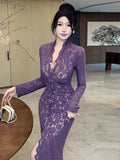 Girlary Elegant Dresses Women Sexy V Neck Lace Patchwork Flare Long Sleeve Slim Vintage Party Dress Ladies Temperament Chic