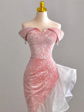 Girlary Luxury Pink Evening Dress Off Shoulder Strapless Sequins Ruffles Slim Fit Banquet Dresses Chic Wedding Party Gowns