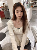 Girlary Coquette Korean Style White T-shirts Women Fairycore Cute Ruffles Long Sleeve Tees Y2k Sweet Slim Corset Tops Autumn