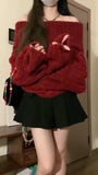 Girlary Women Red Pullover Knitted Sweater Harajuku Y2k Long Sleeves Slash Neck Sweater Jumper Vintage 2000s Aesthetic Clothes 2024