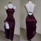 Girlary Women Sexy Satin Bodycon Long Dress Vintage Backless Strapless Ruffles Fork Party Club Elegant Evening Dresses Female Vestidos