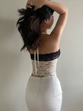 Girlary Off Shoulder Backless Halter Sexy Slim Cropprd Tops Women 2024 New Lace Patchwork Bow Lace-up Top T-shirts Tees