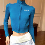 Girlary Sweater Zipper Cardigan Retro Y2k Women Knitted Slim Sweater Jacket Women Casual Knitted Autumn Aesthetic Clothing