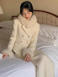 Girlary High-end White Blazer Skirt Suit for Women Elegant 2-piece Set Double Breasted Fur Cuffs Blazer Coat+Irregular Button Midi Dress