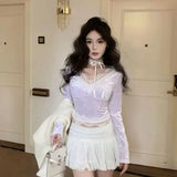 Girlary V-Neck Top Lace Chic Shirt Women Autumn Winter Retro Lace Splicing Long Sleeves Slim Short Y2k Party Club