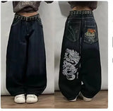 Girlary New American Harajuku retro skull print straight high waist Y2K women's washed grey jeans Streetwear Gothic wide trousers