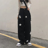 Girlary Vintage Streetwear Black Wide Leg Jeans Women Gothic Summer High Waist Print Straight Denim Pants Female Loose Casual Trousers