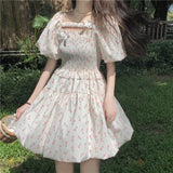 Girlary Summer Korean Fresh Pleated New Vestidos Square Neck Floral Puff Dress for Women Short Slim Waist Flower Bud Dresses