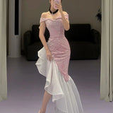 Girlary Prom Dress Fashion Exquisite Off-the-shoulder Mermaid Beading Paillette / Sequins Organza Evening Dresses