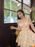 Girlary Summer New Korean Ins Square Collar Sexy Puff Sleeves Floral Holiday Short Dress Ladies dresses women