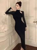 Girlary Women Dresses Sexy Elegant Mesh Patchwork Hollow Out Stand Collar Irregular Long Sleeve Party Dress Female Temperament