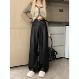 Girlary Design Sense High Waisted PU Leather Straight Leg Wide Leg Pants Women's Autumn New Style Slimming and Floor Dragging Pants