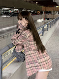 Girlary Pink Plaid Shirt Women Cross Button Up Blouses Female High Street Long Sleeve Tops Hippie Autumn Oversize Streetwear Ins